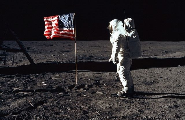 Lunar module pilot Aldrin Buzz in front of the US flag, photo taken by Neil Armstrng 